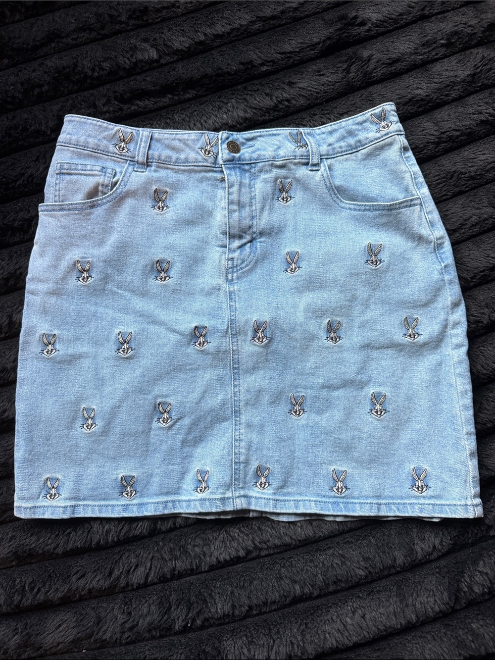 Light Blue Denim Mini Skirt with Embroidered Bunny Detail